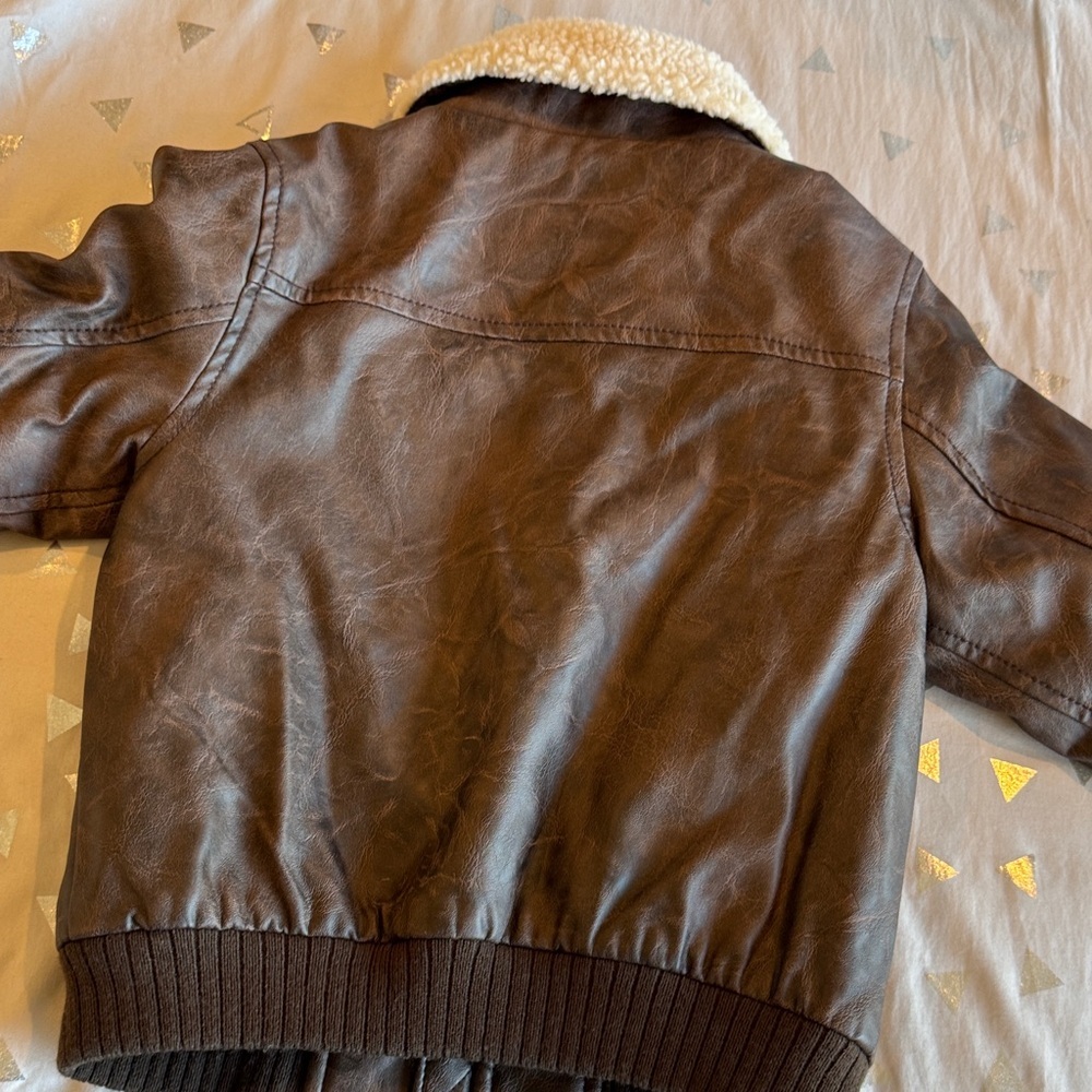 Kids Brown Faux Leather Jacket with off white Sherpa Collar - Picture 7 of 9